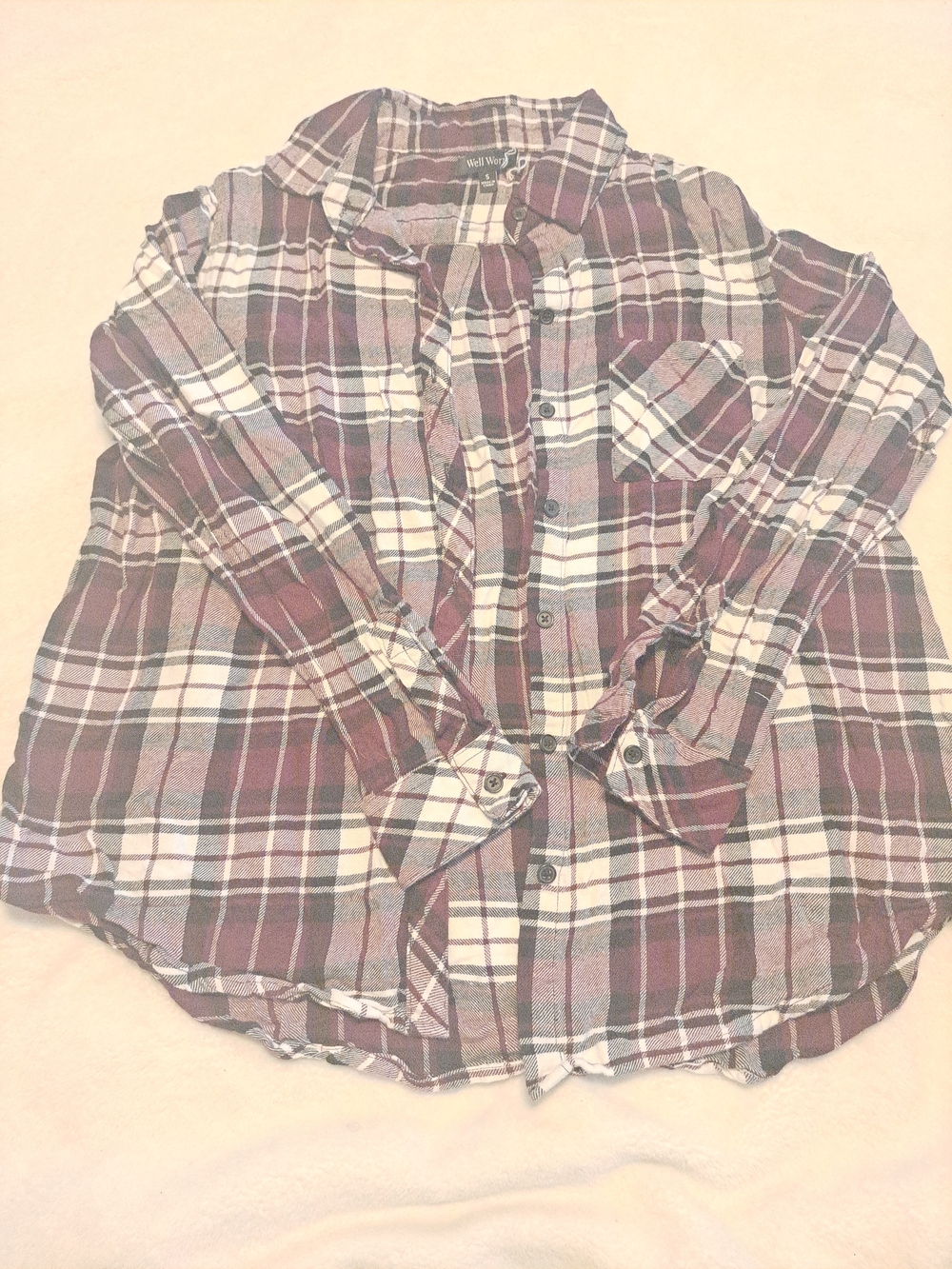 Well Worn Burgundy, Cream & Black Plaid Shirt